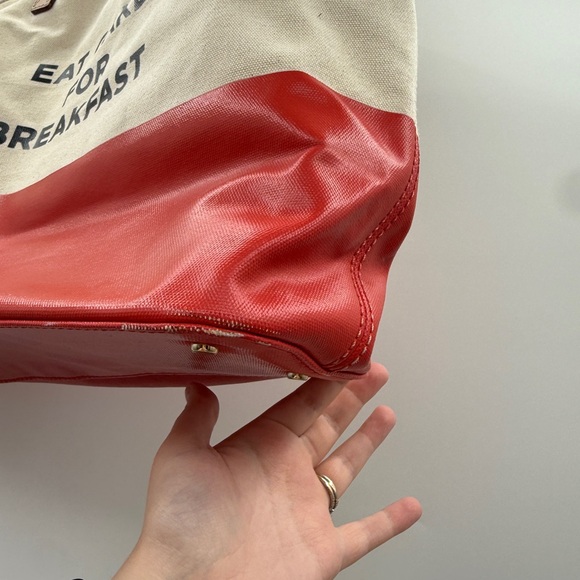 Kate Spade Eat Cake For Breakfast Canvas Tote Bag Red White Leather Trim - Picture 9 of 15